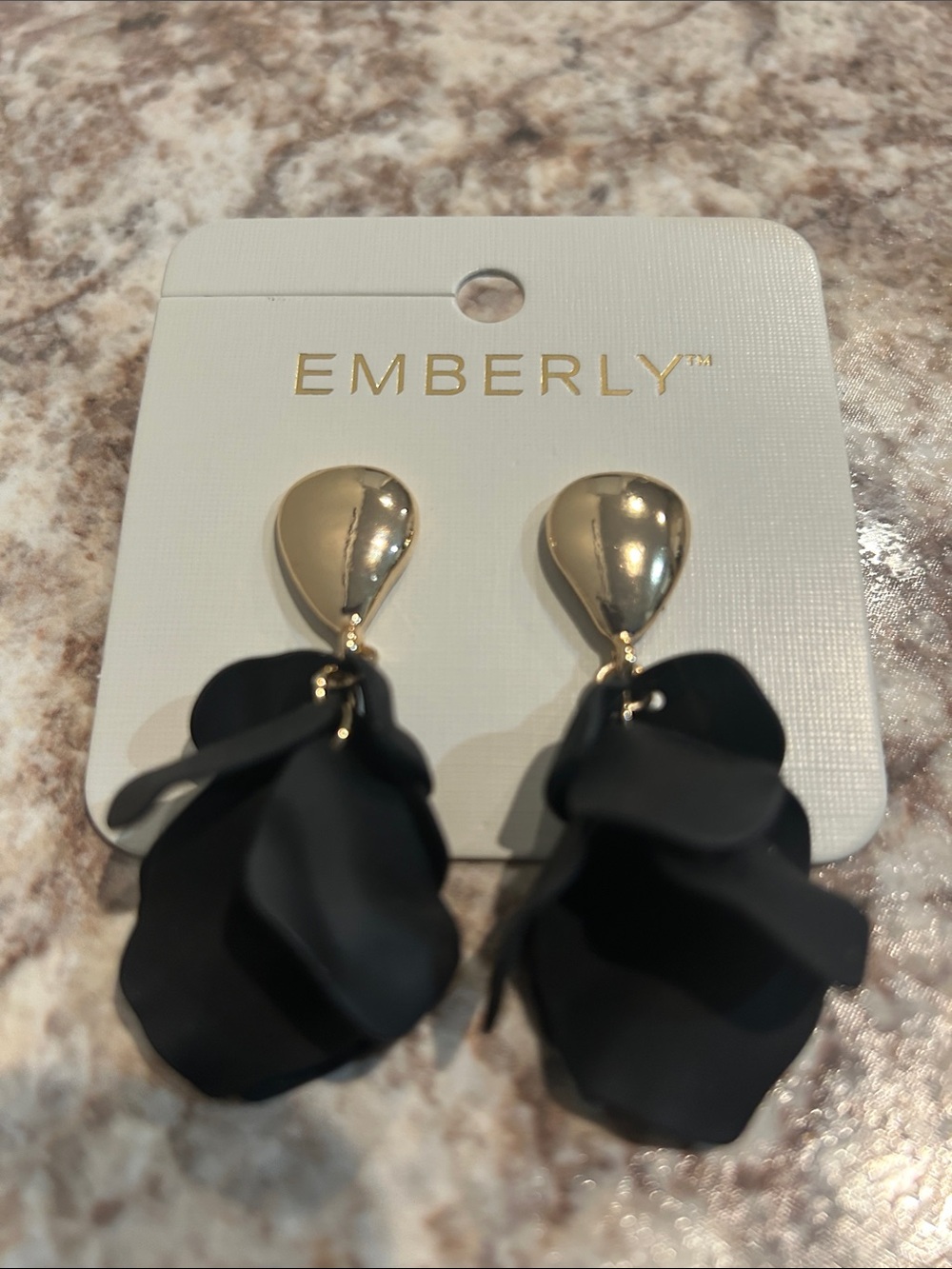 Emberly Black Petal Drop Earrings with Gold Accents
